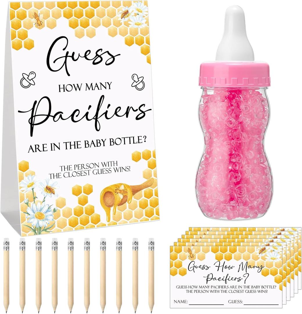 Roowest 512 Pcs Baby Shower Games Guess How Many Pacifiers Sign 100 Small Guessing Games 10 HB Pencils 750ml Milk Bottle 400 Acrylic Pacifiers Decoration for Guest Gender Reveal(Pink,Bee)