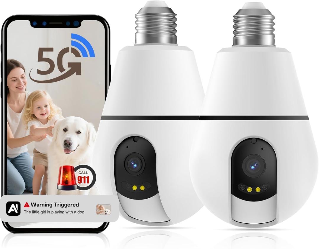 Light Bulb Security Camera, 5G/2.4GHz Lightbulb Security Cameras Wireless Outdoor, AI Motion Detection and Siren Alarm, US-Based Cloud Storage, 911 Calling Color Night Vision (2 Pack)