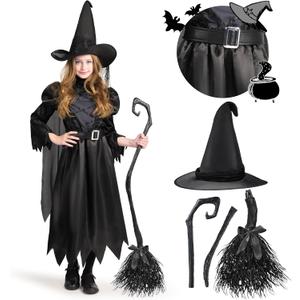Spooktacular Creations Girls Black Witch Costume, Kids Halloween Outfit with Broom, Toddler Witch Dress for Halloween Parties (Medium (8-10yr))