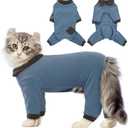 QBLEEV Cat Pajamas for Cats Only, Sticky Hair Cat Clothes, Cat Onesie for Cats After Surgery Female Male, Surgical Cat Recovery Suit Full Bodysuit, Long Sleeve Cat Shirts Outfits to Prevent Licking, Medium, Blue