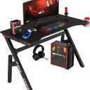 BestOffice Gaming Desk Computer Desk 47 Inch Home Office Desk Extra Large Modern Ergonomic Black PC Carbon Fiber Table Gamer Workstation with Cup Holder Headphone Hook (Red)