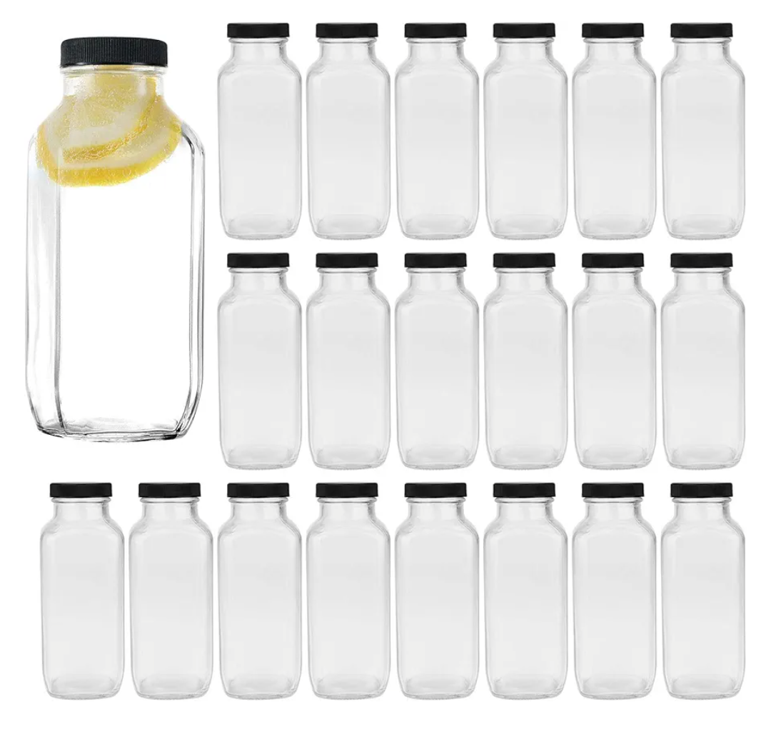 Encheng Vintage Water Bottles,Glass Drinking Bottles 16oz,Square Beverage 500ml With Lids For Kombucha,Tea,Glass Homemade Drinks,Travel Reusable Milk Juiceing 20Pack