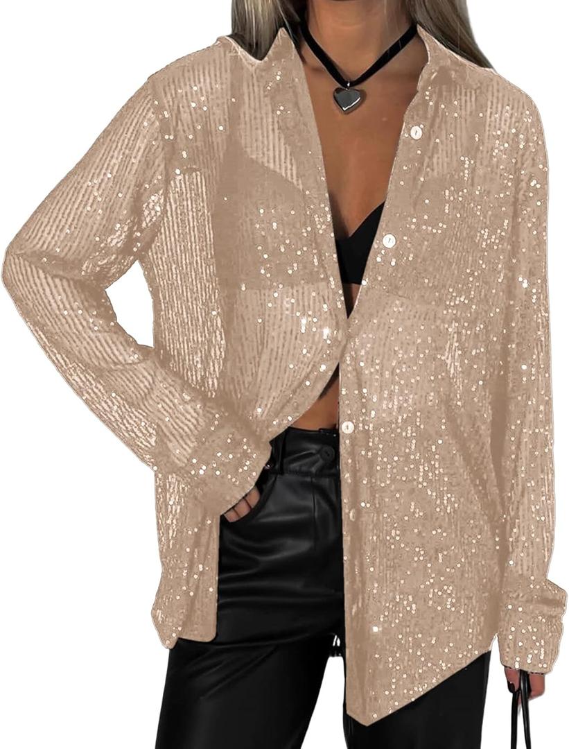 AMPOSSTO Womens Sequins Long Sleeve Collared Shirt Button Down Open Front Shirt Loose Blouses Shirst Tops (M)