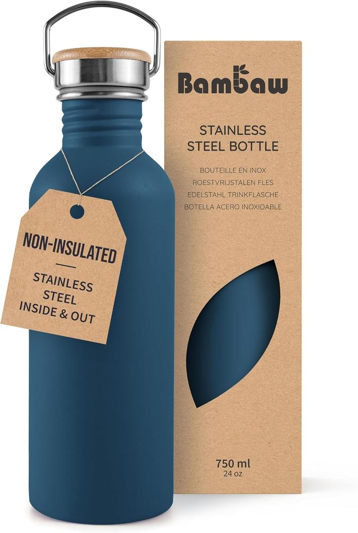 Bambaw Stainless Steel Water Bottle, 750 ml, Blue Sports Bottle, Non-Insulated Water Bottle, 750 ml Stainless Steel Bottle, Reusable Bottle, BPA-Free Flask Sapphire Blue