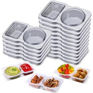 3 x 10 Pack Disposable Snack Containers with Lids, Double Compartment Condiment Container for Kids, Small Plastic Dip Sauce Cups for Lunch Meal Prep