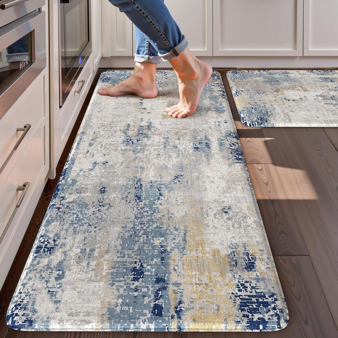 LEEVAN Anti Fatigue Kitchen Mats, Multi Blue Kitchen Rugs 20"x32"+20"x47", Non-Slip Waterproof Kitchen Floor Mats, Colorful Comfort Mats for Kitchen Floor, Sink, Laundry, Office