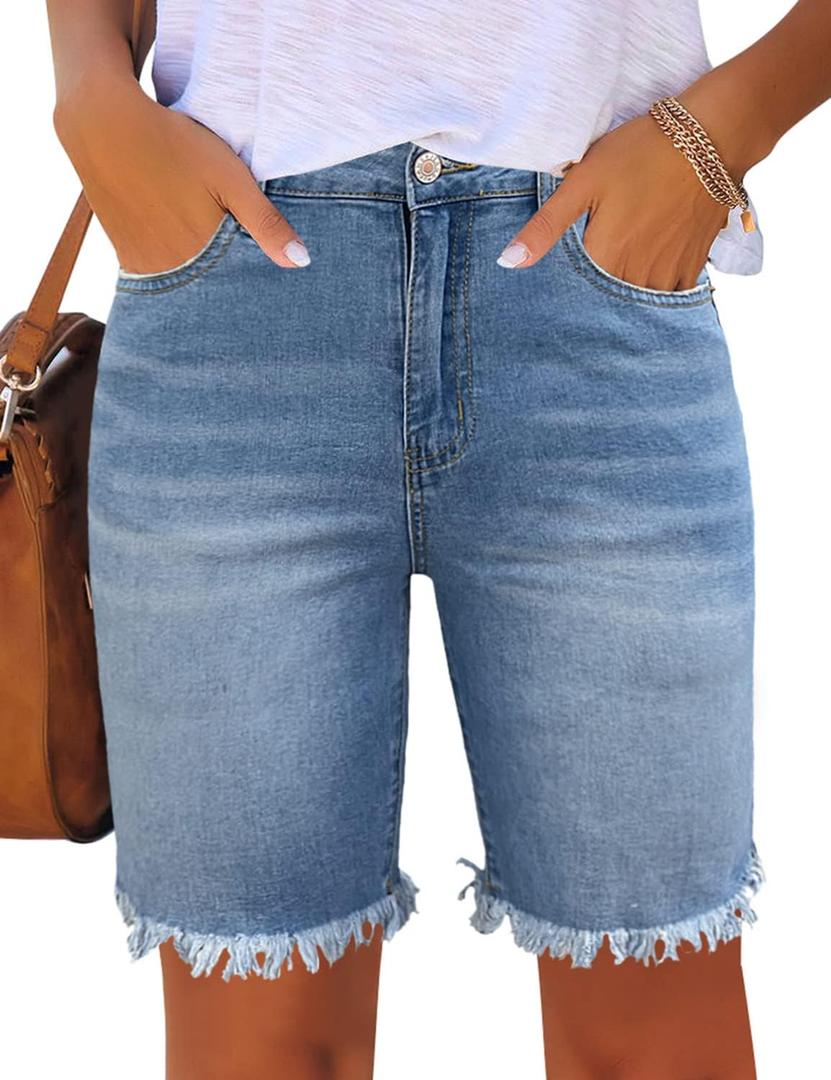 Utyful Women Summer Frayed Ripped Bermuda Shorts Distressed Denim Jeans Short (Large, Raw Hem-light Blue)