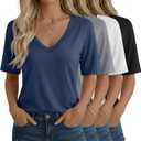 Oakgarden 4 Pack Women's Half Sleeve Shirts V Neck Tops Elbow Length Loose Fit Straight Hem T Shirts Casual Summer Tees, Dusty Blue, Black, Light Gray, White (Medium)