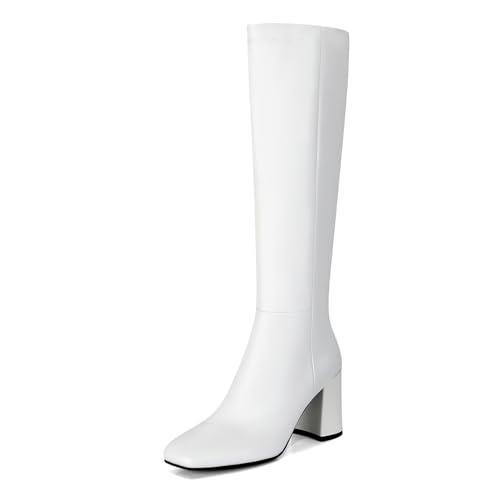 SOVANYOU White Knee High Boots Leather Tall White Boots for Women Chunky Heeled Tall Boots Square Toe Long Boots Go-Go Boot 7.5