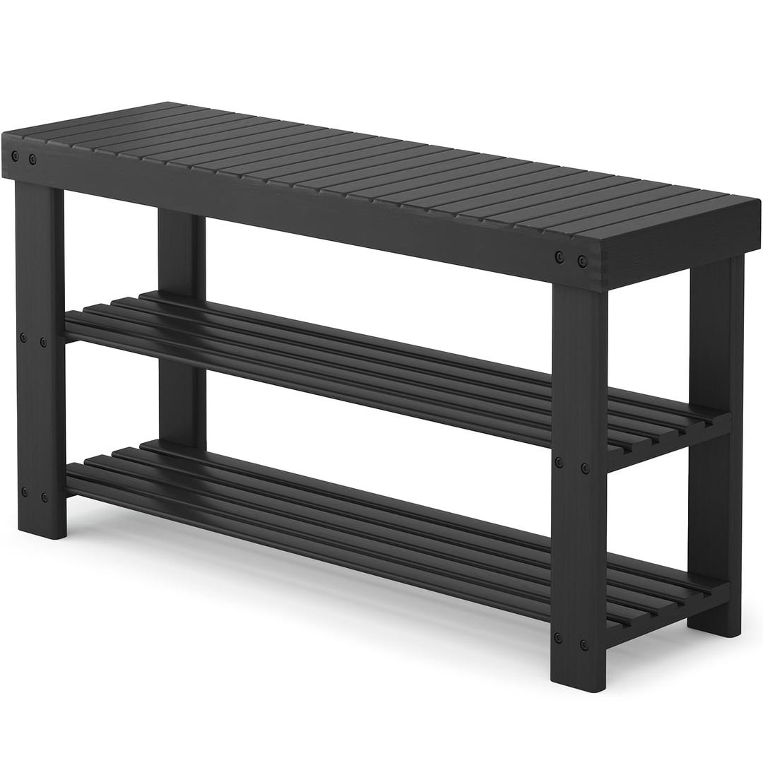 NEWBULIG Shoe Rack Bench, 3-Tier Bamboo Shoe Organizer, Wooden Entryway Storage Bench, 286 lb Load Capacity, 11.2x35.5x17.9 Inches, for Entryway Bathroom Bedroom Balcony, Black