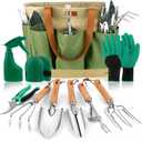 YAUNGEL Gardening Tools - 10 Pcs Garden Tool Set Heavy Duty Stainless Steel Garden Supplies Hand Tools with Wooden Handle, Storage Tote Bag, Gardening Gifts for Women and Men