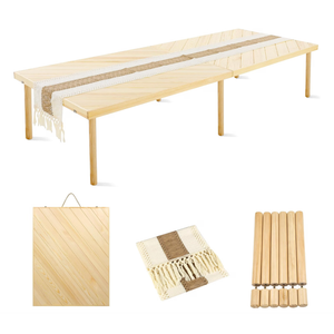 Folding Picnic Table with Table Runner, Portable Boho Low Picnic Table for Indoor Outdoor, 80" x 30" Wooden Table with Adjustable Heights for Camping, Wedding, Beach, Garden, Party (Large Size for 8)