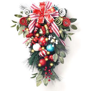 Valery Madelyn Pre-Lit Christmas Teardrop Swag for Decorating Outdoor, 24 Inch Elf Red Green Mailbox Swag Decoration with 20 LED Lights, Ball Ornaments for Front Door Stairway Window Shelf Xmas Decor