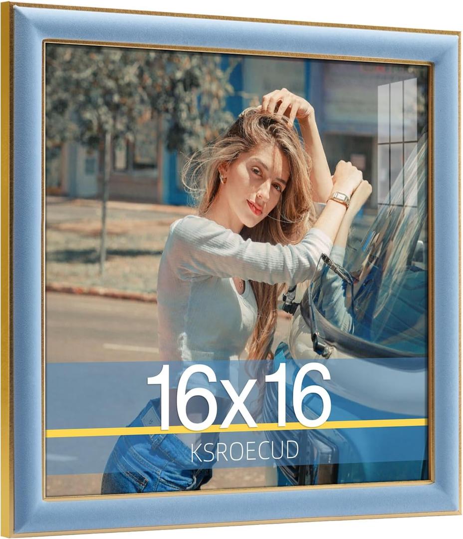 16x16 Velvet Picture Frame, Spruce Blue 16x16 Velvet Photo Frame with Vintage Gold Border, 16 by 16 Poster Frame with HD Real Glass Horizontal & Vertical Display for Tabletop and Wall Decor (1 Pack)