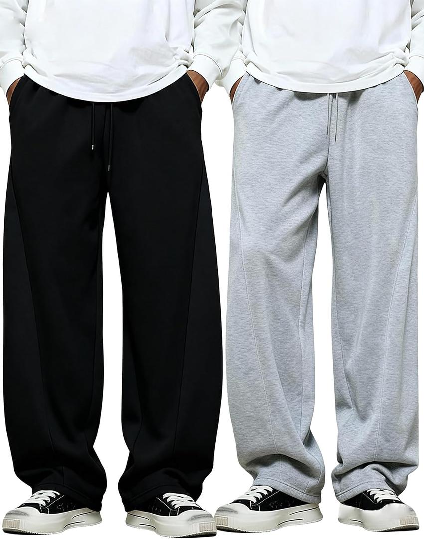 SOLY HUX Men's Athletic Sweatpants 2 Packs Drawstring Elastic Waist Wide Leg Baggy Sports Pants (Black, L)