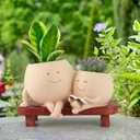 Meltset Cute Face Planter Pot - Funny Double Head Planter Sitting on Bench, Smiley Succulent Pot with Drainage Indoor and Outdoor, Unique Gift for Plant Lovers(Light Brown)
