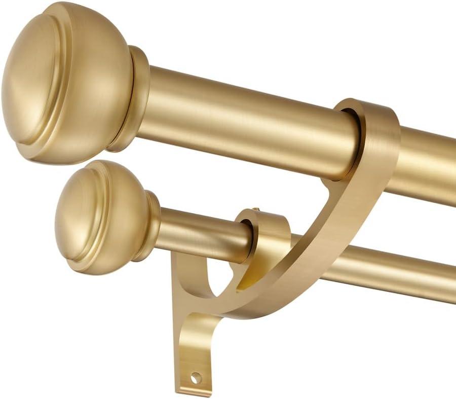 Warm Gold Double Curtain Rods 72 to 144 Inch, Double Decorative Curtain Rods with End Cap Finials, Double Curtain Rods for Window, 1-Inch Front and 5/8 Inch Back Double Window Drapery Rod