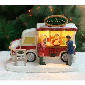 MOMENTS IN TIME Christmas Village Cakes and Coffee Food Truck Lighted LED Street Vendor Scene Battery Operated Holiday Tabletop Dcor Hand-Painted Polyresin Collectible Gift Ready Tabletop Display