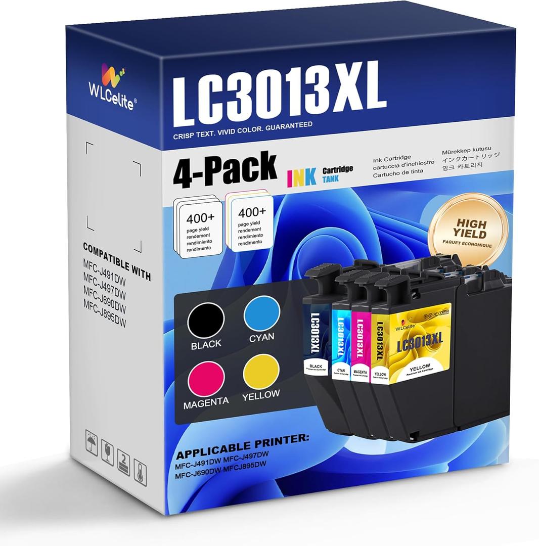 LC3013XL Ink Cartridges 4 Pack High Yield Replacement for Brother LC3013 LC3013 XL Work with MFC-J491DW MFC-J497DW MFC-J895DW MFC-J690DW Printers (BK/C/M/Y)