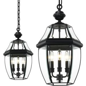 3-Light Outdoor Pendant Light, 20 Inch Black Waterproof Porch Lantern, Modern Hanging Light with Clear Glass, Weather Resistant for Front Door, Patio, Gazebo