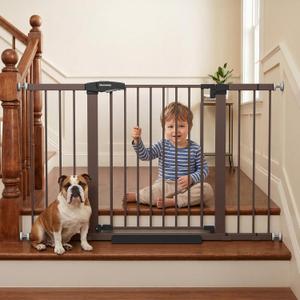 Mumeasy 29.751 Inch Extra Wide Baby Gate for Stairs, Extra Long Indoor Dog Gate for Doorways, Pressure Mounted Walk Thru Child Gate with Auto-Close, No-Drill Safety Pet Gate with Door for House,Brown