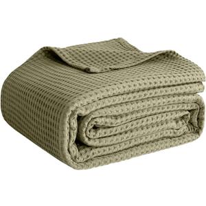 100% Cotton Blankets for Bed - Waffle Weave Blankets for Summer, Lightweight and Breathable Soft Woven Blanket for Spring (Olive Green, Throw (50" x 60"))