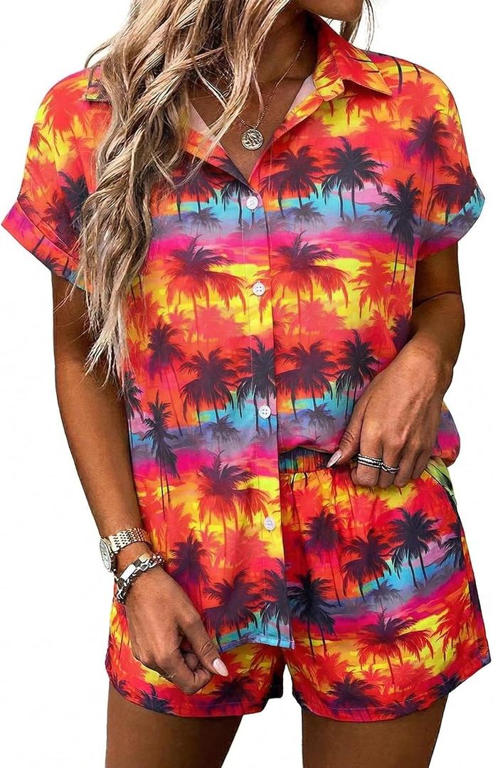 ALLTB Women's 2 Piece Outfits Hawaiian Tropical Print Open Front Button Down Short Sleeve Shirts Beach Boho Style Shorts Set (Orange, M)