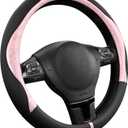 PIC AUTO Steering Wheel Cover, Pink Patterned & Black Leather Patchwork Design, Universal Fit 14.5"15.5", Anti-Slip, Odor-Free, Soft PU Grain Leather, Durable Grip Car Accessory for Girls & Women