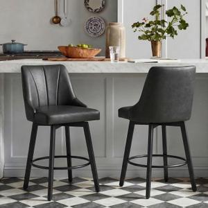 24" Counter Height Bar Stools Set of 2, Swivel Bar Stools with Backs, Faux Leather Upholstered Counter Barstools with Solid Wood Legs for Kitchen Island,Black