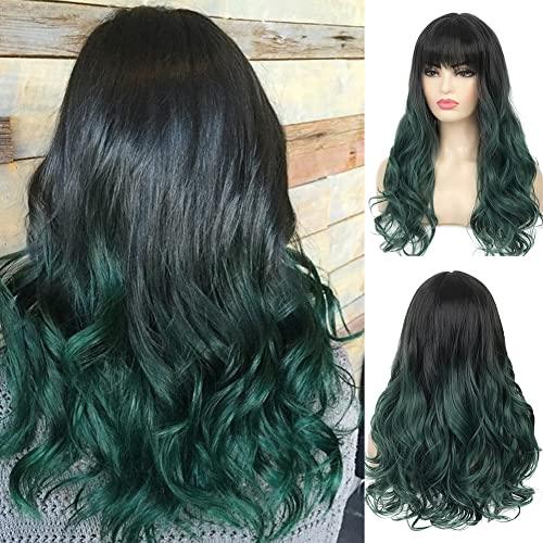 Dai Cloud Black Green Wigs With Bangs for Women Long Wavy Curly Hair Wig Dark Roots Wigs for Women Cosplay Party Daily Use