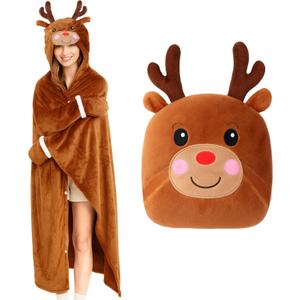 Snowy Owl Wearable Hooded Blanket Adult Gift - Cozy Blanket Hoodie Cape Throw for Women Men, Birthday Holiday Presents (Reindeer-thin Style)