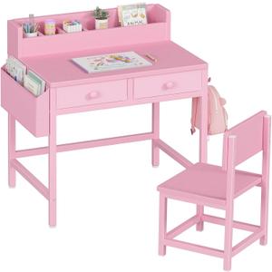 BOLUO Pink Kids Desk and Chair Set for 5-8 Year Old, Small Child Desk with Fabric Drawer, Children Study Table with Storage Toddler Girls Boys, Over dimension : 14.6"D x 24.8"W x 29.6"H