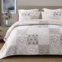 Exclusivo Mezcla Reversible Boho Quilts King Size, Gray Bedspreads Lightweight Coverlet All Season Patchwork Quilt Bedding Set with Printed Floral Pattern (1 Quilt, 2 Pillow Shams)