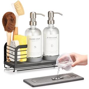 Kitchen Soap Dispenser Set with Drying Tray  16oz Glass Bottles with Stainless Steel Pumps, Black Sink Organizer Caddy with Brush Holder & Non-Slip Feet  All-in-One Dish & Hand Soap Station