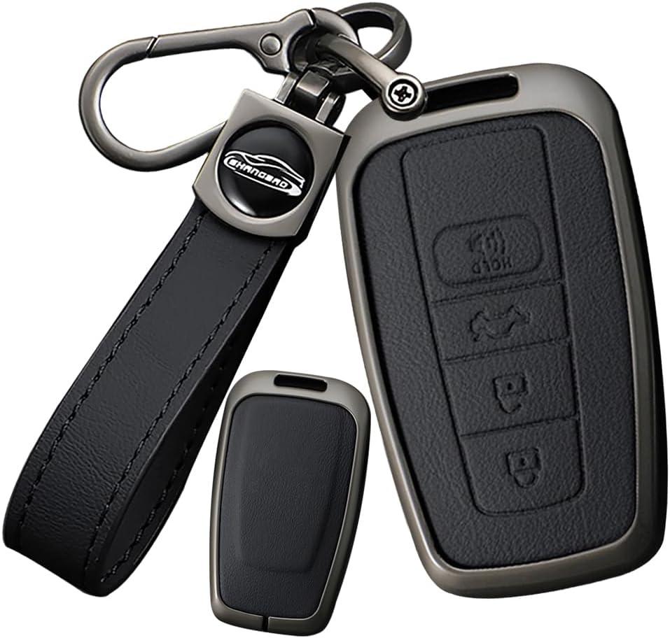 SANRILY Keyless Metal 4 Button Key Fob Cover Compatible with Toyota Camry 2018-2024 RAV4 Corolla Avalon C-HR Prius GT86 Highlander Leather Key Case Shell with Keychain Black