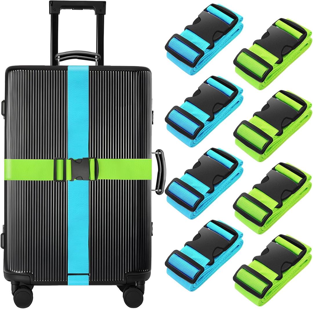 BILIONE 8 Pcs Luggage Straps, 79" Long Belts Keep Suitcase Secure While Traveling, TSA Approved Add a Bag Premium Accessory for Travel Bag Closure (4Pcs Blue + 4Pcs Green)