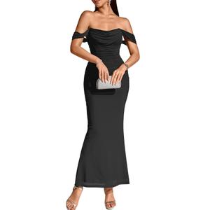 KUTUMAI Off The Shoulder Maxi Long Dress Corset Ruched Bodycon Cocktail Formal Wedding Guest Dresses for Women,S
