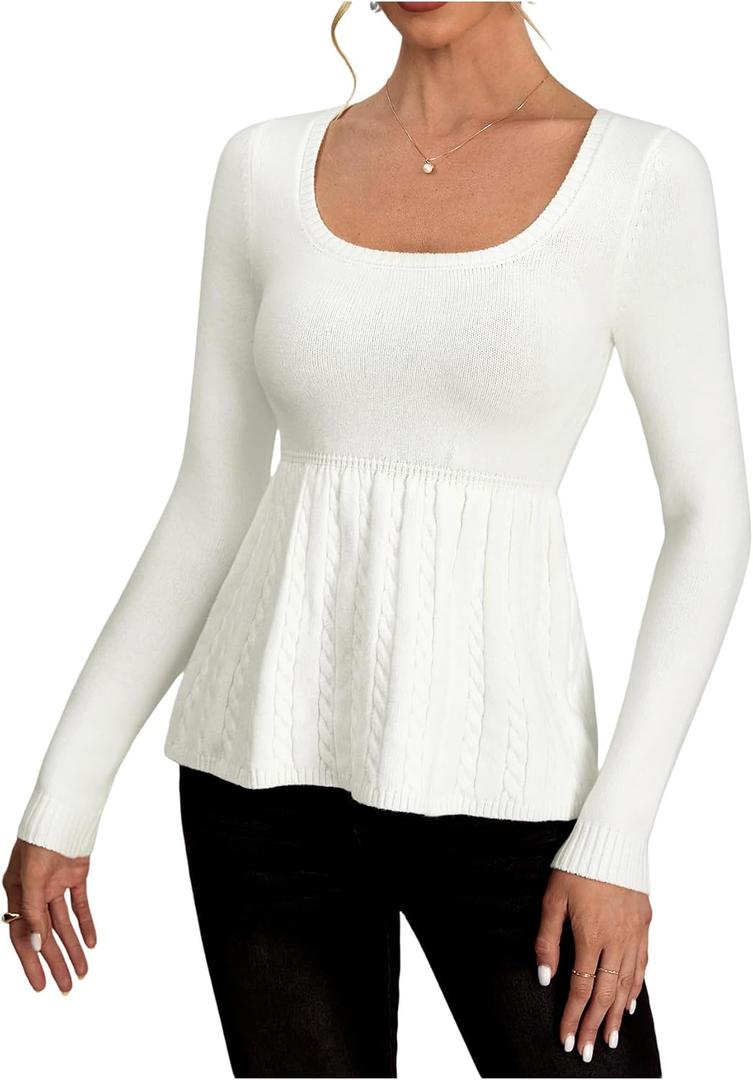 Women's Scoop Neck Peplum Sweater Long Sleeve Cable Knit Dressy Casual Pullover Tops (White, M)