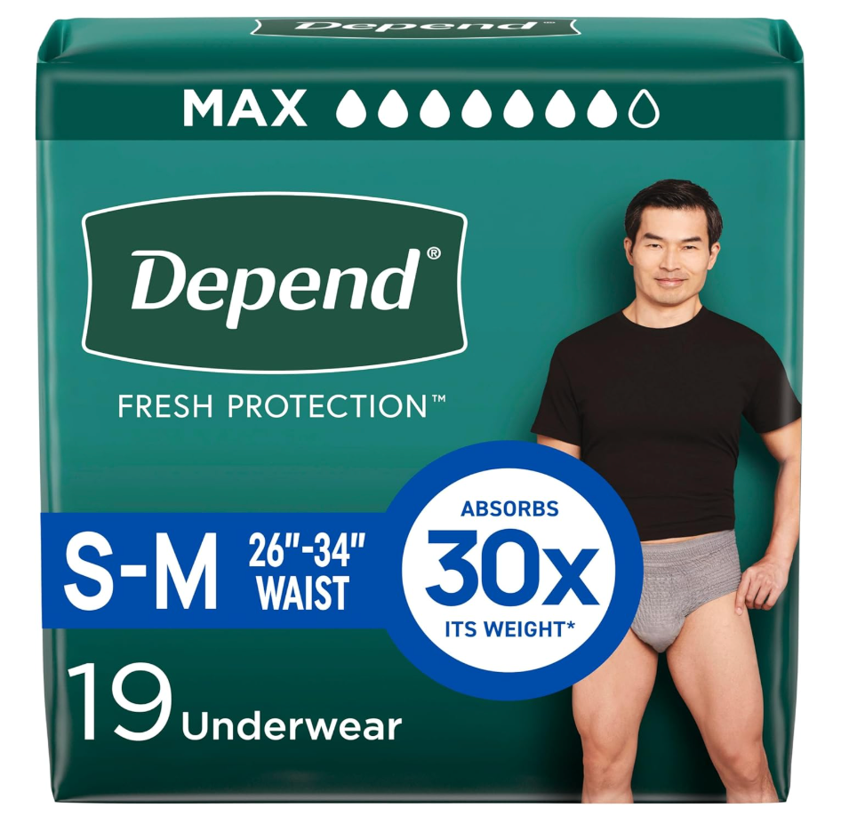 Depend Fresh Protection Adult Diapers, Incontinence Underwear for Men, Disposable, Maximum, Small/Medium, Grey, 19 Count