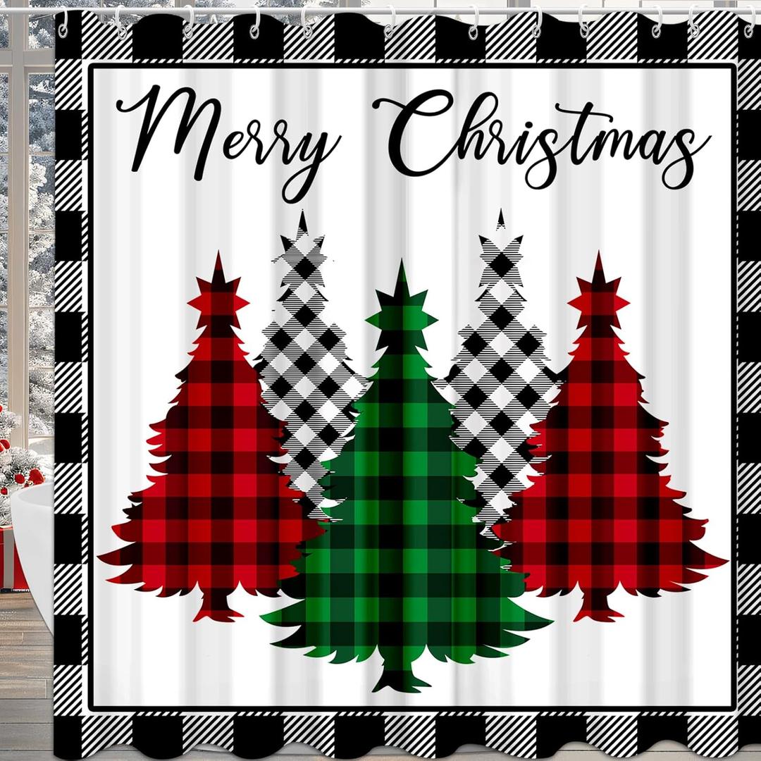Christmas Shower Curtain for Bathroom, Cute Fabric Xmas Shower Bathtub Window Curtains Sets with 12 Hooks for Kids Waterproof Bathroom Decoration Supplies 72x72in
