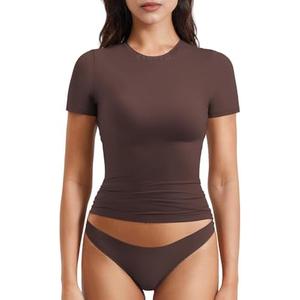 YEOREO Women Fitted Workout Tops Short Sleeve Double Lined Basic Y2K Going Out Crew Neck Compression Crop Top size M
