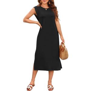 Naggoo Summer Dresses for Women 2026 Sleeveless Casual Split Midi Dress Maxi Beach Travel Vacation Sundress with Pockets (Black, L)