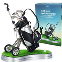 Golf Pen Holder with 3 Club Pens and Movable Golf Cart, Mini Golf Bag Desk Decor for Office, Funny Golf Gifts for Men, Dad, Boss  Stocking Stuffers for Golfers on Birthday, Christmas, Fathers Day