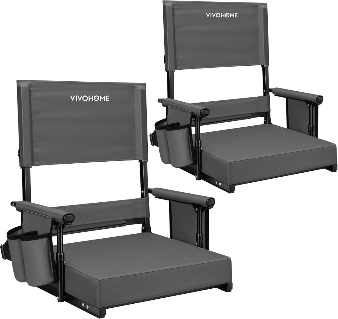 VIVOHOME Height Adjustable High Back Stadium Seats with Back Support and Cushion, 2 Pack Portable Bleacher Chairs with Cup Holder and Shoulder Strap, Comfortable for Various Sports Events, Gray