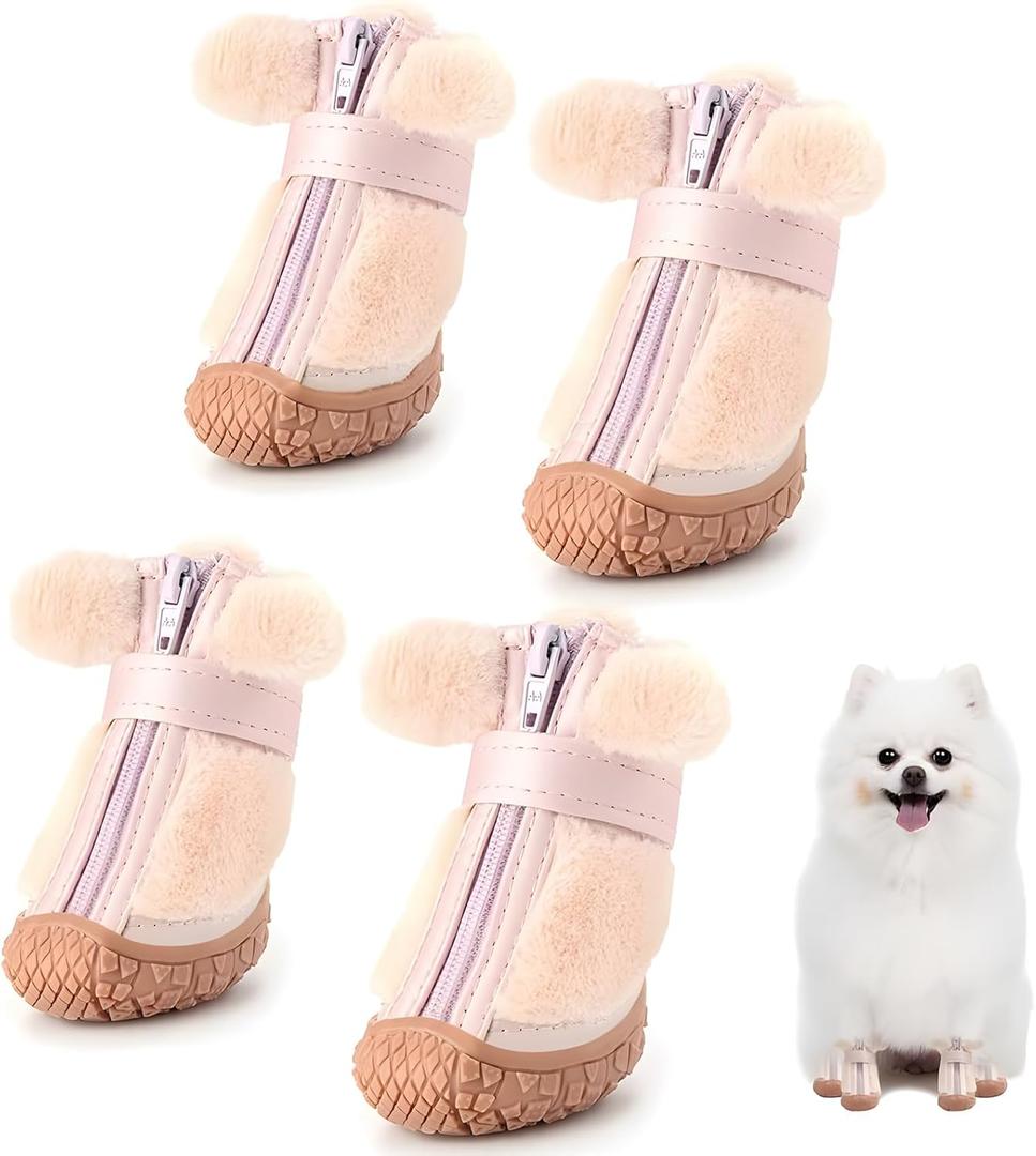 Dog Shoes for Small Dogs, Fleece Dog Boots Paw Protector for Comfort and Warmth, Dog Booties with Anti-Slip Sole for Winter Snow Hardwood Floors Walking Pink Size 3 (#3 (Width 1.49 inch) for 11.0-16.5 lbs)