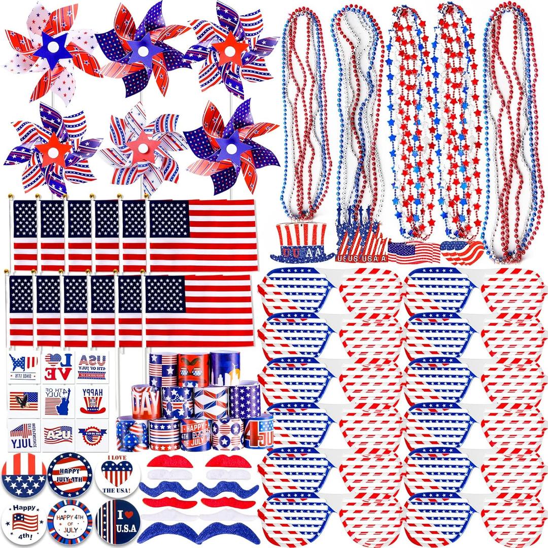 156 PCS 4th of July Accessories Patriotic Party Favors American Flags Glasses Slap Bracelets Pinwheels Tattoo Stickers Brooches Beards Necklaces for Independence Day Memorial Day