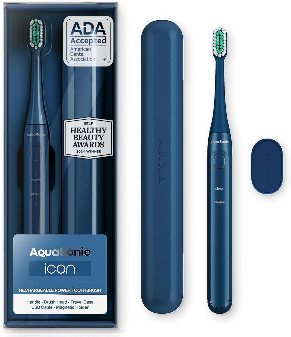 Aquasonic Icon ADA-Accepted Rechargeable Toothbrush | Magnetic Holder & Slim Travel Case | 2 Brushing Modes & Smart Timers | Gentle Micro-Vibrations (Navy) (1 Count (Pack of 1))