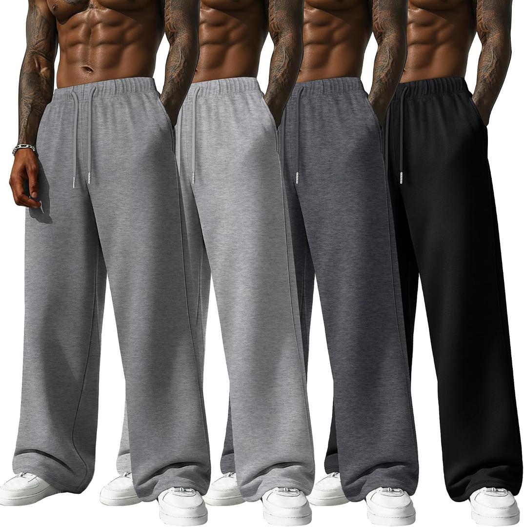 Neer 4 Pack Men's Lightweight Sweatpants Summer Wide Leg Drawstring Open Bottom Pants Gym Baggy Lounge Joggers with Pockets (XL)