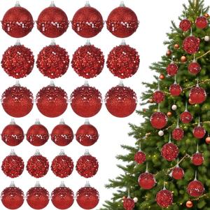 Poen 24 Pcs Glitter Christmas Ball Ornaments Set Christmas Tree Ornaments Hanging Sequin Foam Xmas Balls Decoration for Xmas Tree Wreath Garland Home Decor Wedding Party(Red)