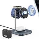 Qi2.2 Charging Station for Apple, 25W 3 in 1 Magsafe Charger Stand with Active Cooling Fan, Magnetic Wireless Charger for iPhone 17/16/15/14/13/12, Apple Watch, AirPods (with 45W Adapter)
